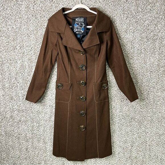 Millard Fillmore Coat Women’s Small Long Brown Wool Blend - Picture 1 of 8